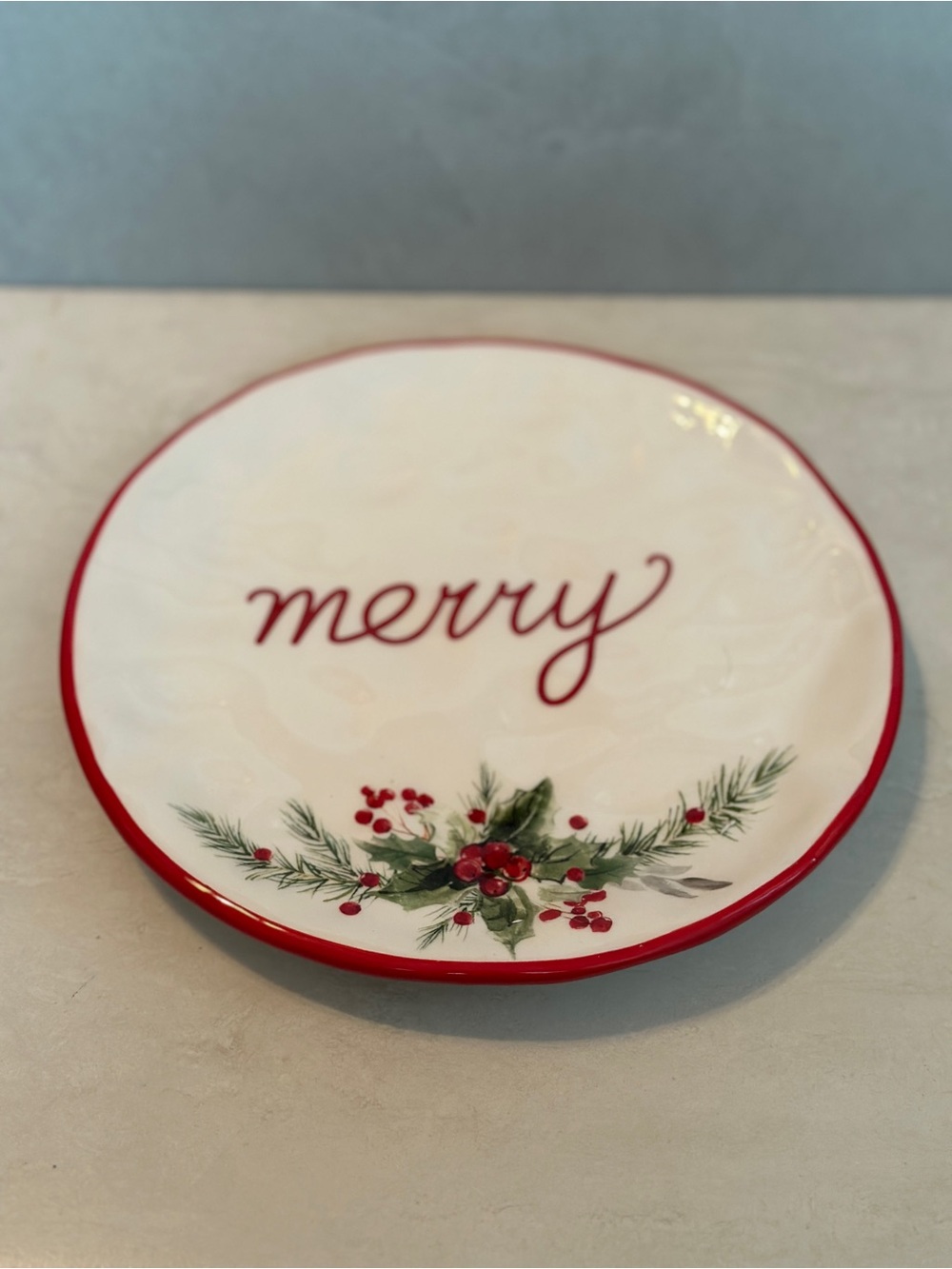 Christmas 8” Salad Plate “Merry” With Holly Berries & Garland
